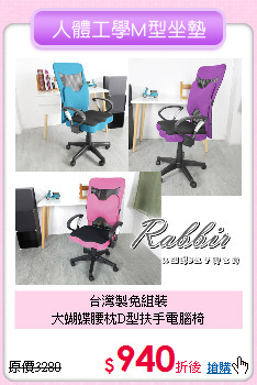 台灣製免組裝<BR>
大蝴蝶腰枕D型扶手電腦椅