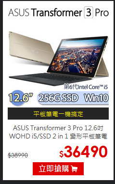 ASUS  Transformer 3 Pro 12.6吋WQHD
i5/SSD 2 in 1 變形平板筆電