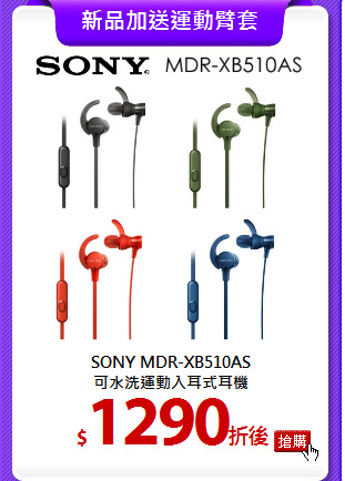 SONY MDR-XB510AS<br>
可水洗運動入耳式耳機