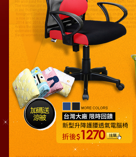 台灣大廠 限時回饋新型升降護腰透氣電腦椅(請加贈品圖+色塊)