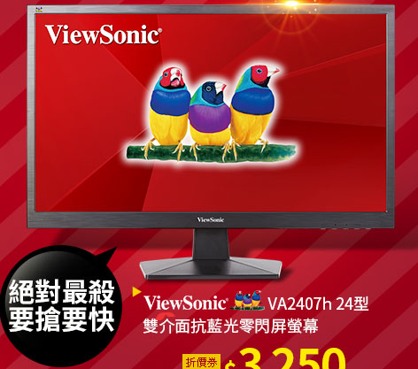 ViewSonic VA2407h 24型 雙介面抗藍光零閃屏螢幕