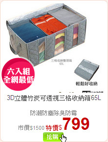 3D立體竹炭可透視三格收納箱65L