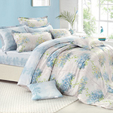 法國-MONTGUT-晨光花語-藍-天絲-加大四件式-床包兩用被床包組