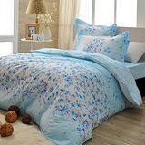 義大利La Belle《水藍花漾》特大四件式舖棉兩用被床包組